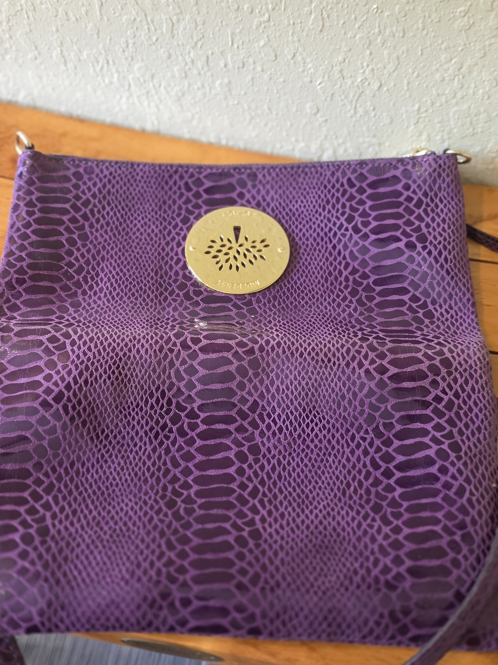 EUC Authentic Purple Mulberry Python Embossed Crossbody Clutch Bag w/Gold Accent